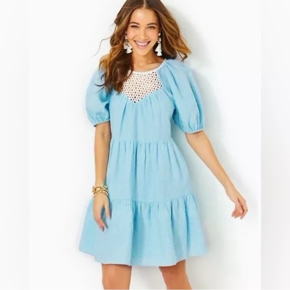 Lilly Pulitzer 100% Linen Celestial Blue Charlet Short Sleeve Mini Dress Size 2
